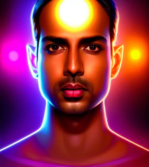 Image similar to symmetry!! indian prince of technology, solid cube of. light, hard edges, product render retro - futuristic poster scifi, lasers and neon circuits, brown skin handsome indian prince, intricate, elegant, highly detailed, digital painting, artstation, concept art, smooth, sharpfocus, illustration, dreamlike, art by artgerm