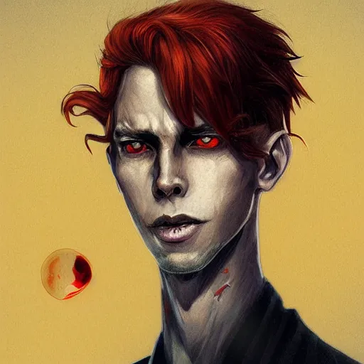 Image similar to headshot portrait of male anime character extremely sharp jaws slit yellow eyes medium length red hair inspired by tom hiddleston by anato finnstark, tom bagshaw, brom