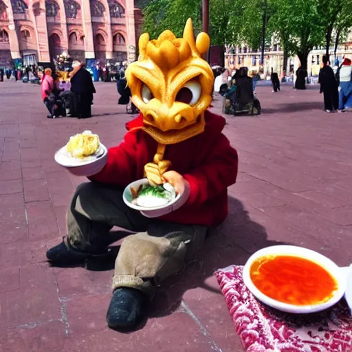 Image similar to Dragon for tales eating russian borsch soup on the Red Square,