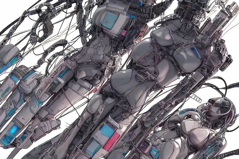 Image similar to a cyberpunk illustration of a group of three coherent female androids in style of masamune shirow, lying on an empty, white floor with their bodies broken scattered rotated in different directions and cables and wires coming out, by yukito kishiro and katsuhiro otomo, hyper-detailed, intricate, view from above