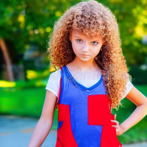 Prompt: flat shaded cartoon cute girl figure with curly blond hair, blue wide eyes. the girl is wearing red shirt and yellow short dress. she is waling home from school.