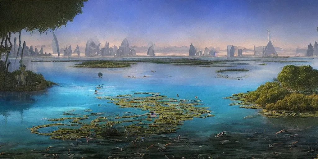 Prompt: a beautiful painting of a A paradisiacal landscape of a sea lagoon and city built on water, calm vibes, megascan texture, by John Howe, Trending on Artstation, Landscape vista