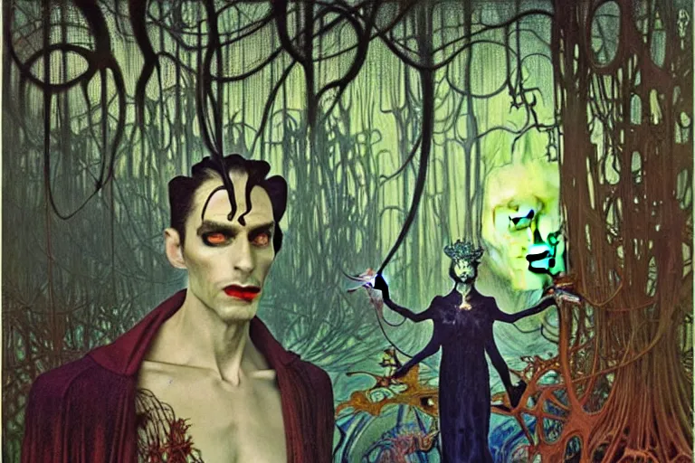 Image similar to realistic extremely detailed portrait painting of an elegantly creepy vampire man dressed as dracula, futuristic sci-fi forest on background by Jean Delville, Amano, Yves Tanguy, Alphonse Mucha, Ernst Haeckel, Edward Robert Hughes, Roger Dean, rich moody colours, blue eyes