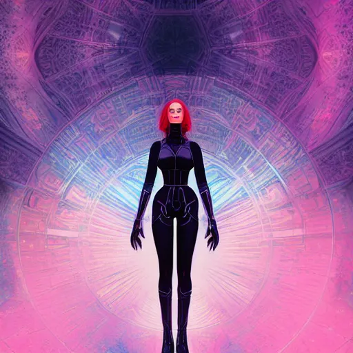 Prompt: long Shot of psychedelic Black widow standing in mysterious chromatic astral temple , stylish, lsd, soft, behance, cinematic, artwork by WLOP