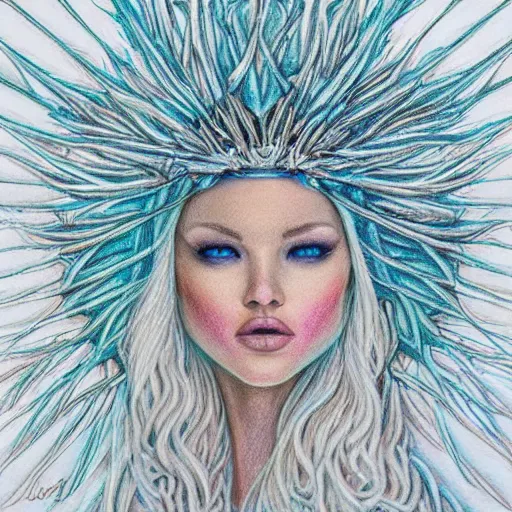 Image similar to colored pencil art on paper, frost queen, highly detailed, artstation, masterpiece, award - winning, caran d'ache luminance