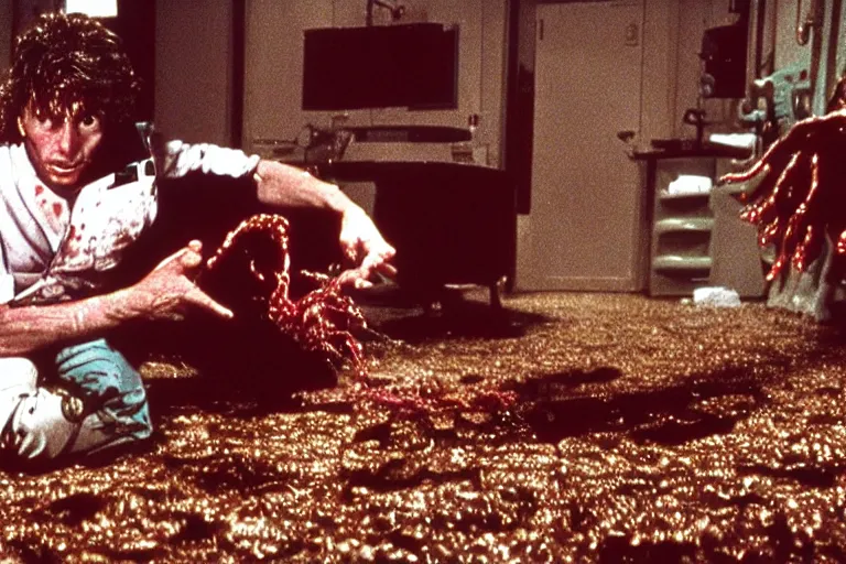 Image similar to filmic extreme wide shot dutch angle movie still 35mm film color photograph of a doctor getting his both his legs pulled and torn off by a bundle of dangerous alien worms coming from off camera, blood slattering, in the style of The Thing 1982 horror film