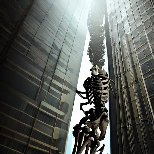 Prompt: photo of a giant human skeleton climbing a skyscraper, 8 k, volumetric lighting, epic scale