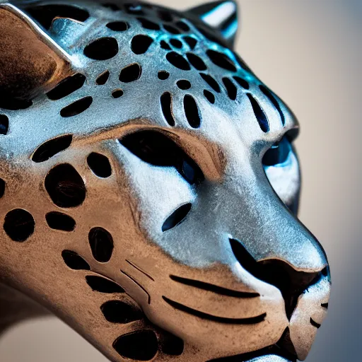 Prompt: portrait photography of a silver jaguar sculpture with glowing blue eyes