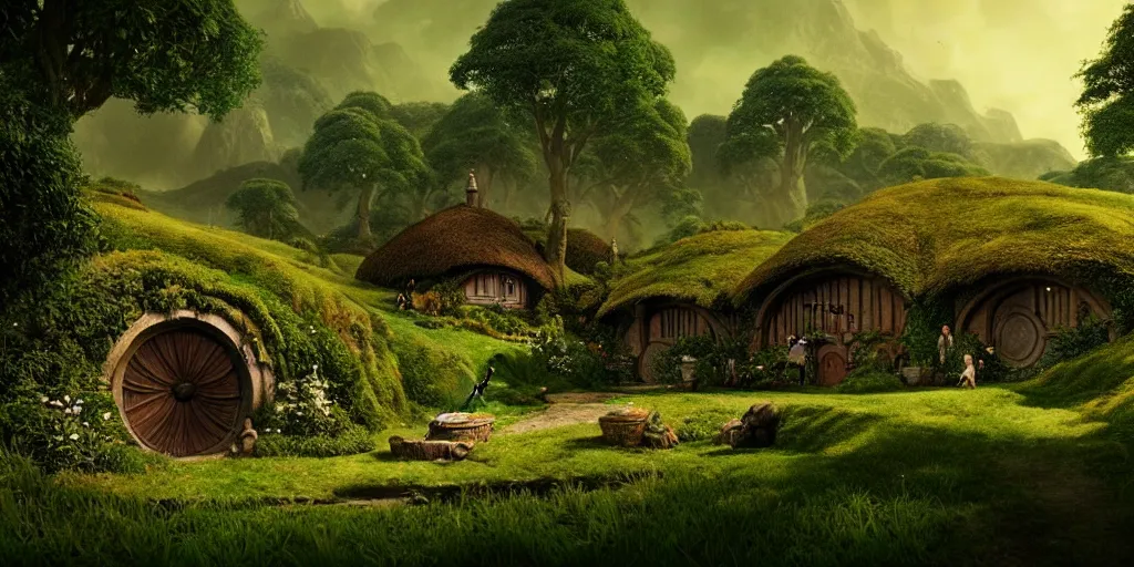 Image similar to the shire. hobbits village, concept art. epic. cinematic. 3 5 mm film. photorealistic, high details, artstation.