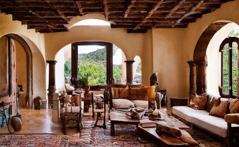 Image similar to interior of a living room, spanish colonial mansion style, arches, pillars, rustic wood, natural materials, bohemian style, swedish design, ocher, beige, dark brown, windows with view of hills