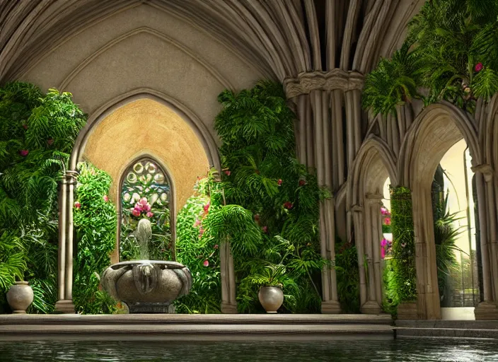 Prompt: ultra realistic, artstation, concept art, cathedral interior with koi pond in the middle surrounded by palm trees, ivy, flowers, tropical plants, roses, and with archways. rendered in octane render with photorealistic lighting