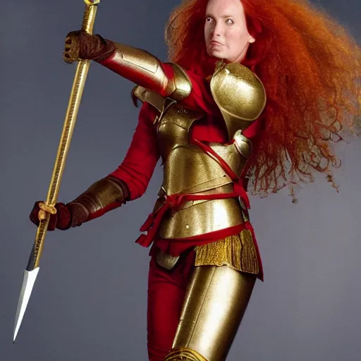 Image similar to a tall, red - haired female knight wearing golden armor with a long left arm golden prothesis, she wields a long golden blade