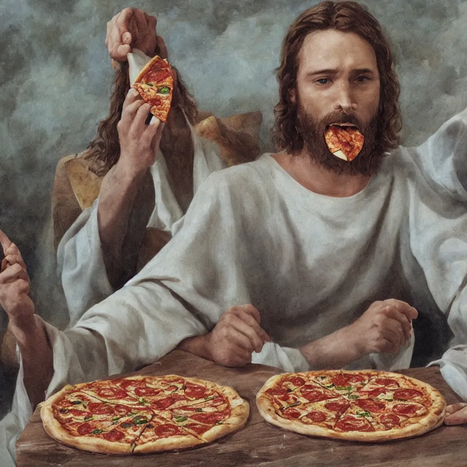 Image similar to Jesus eating pizza