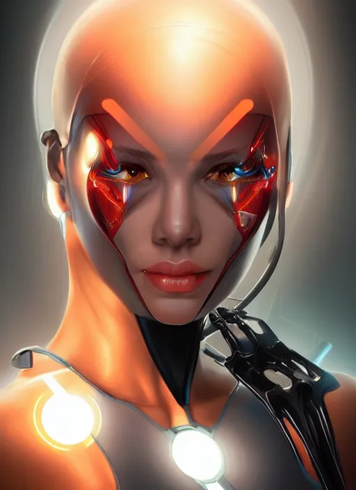 Image similar to portrait of a cyborg woman by Artgerm, (((((face turns left))))) ((face turns right)), eyes closed , biomechanical, hyper detailled, trending on artstation