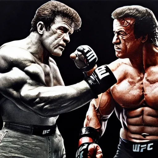 Image similar to Arnold Schwarzenegger and Sylvester Stallone in an UFC fight in octagon, artstation hall of fame gallery, editors choice, #1 digital painting of all time, most beautiful image ever created, emotionally evocative, greatest art ever made, lifetime achievement magnum opus masterpiece, the most amazing breathtaking image with the deepest message ever painted, a thing of beauty beyond imagination or words, 4k, highly detailed, cinematic lighting