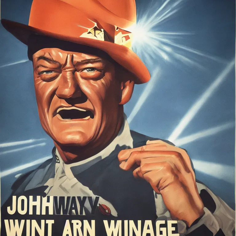 Image similar to propaganda poster john wayne with beams of light coming from behind his head, 8 k, trending on artstation