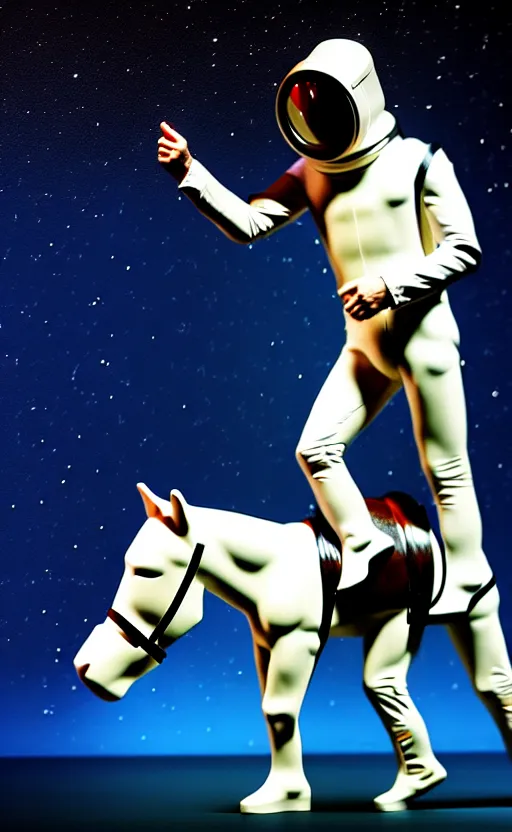 Prompt: man with a horse mask is dancing on crawling astronaut, concept art, fantasia photo