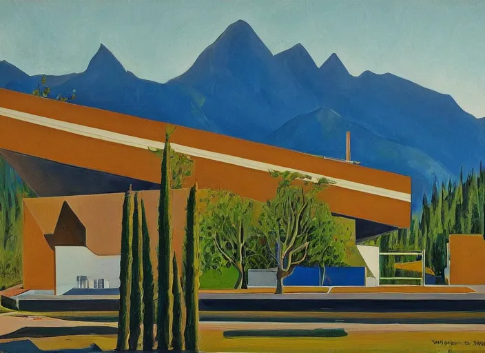 Prompt: painting of a corbusier house in in front of beautiful mountains by wayne thiebaud