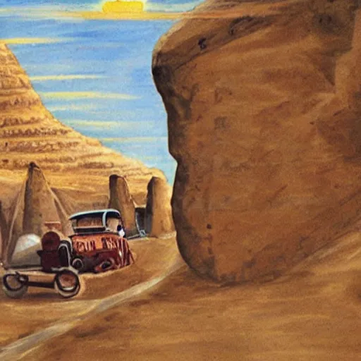 Image similar to egyptian rides in a car behind the wheel, rock painting in fresco