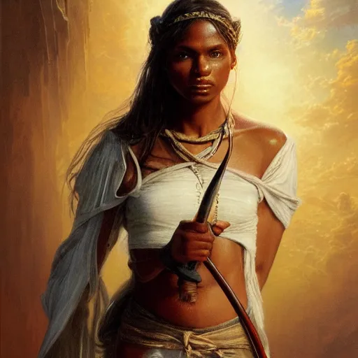 Prompt: artstation concept of a beautiful girl holding a saber, brown skin, sweaty skin, symmetrical face, casual white garment, white desert background, shiny colorful, hyperdetailed, artstation trending, world renowned artists, worth1000.com, historic artworks society, antique renewal, cgsociety, by greg rutkowski, by Gustave Doré, Deviantart