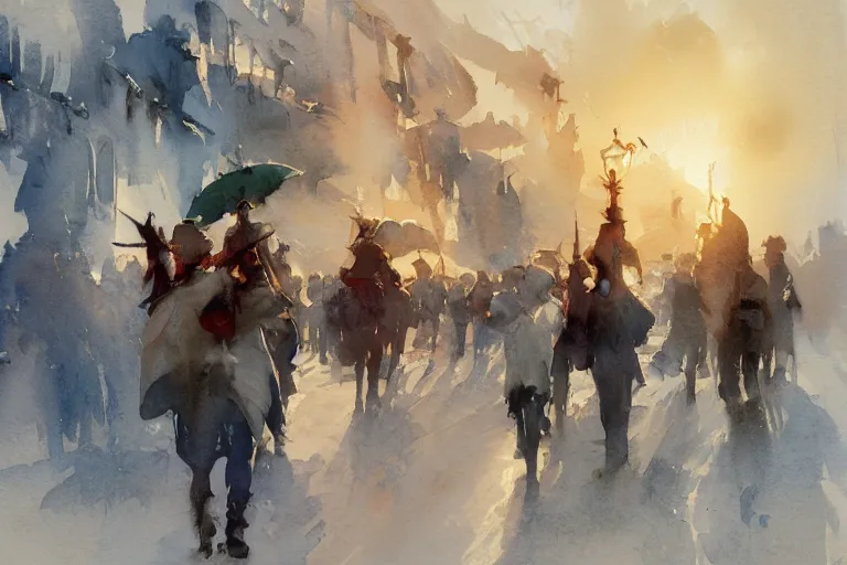 Image similar to small centered on watercolor paper, paint brush strokes, abstract watercolor painting of foreign cultural gathering, cinematic light, national romanticism by hans dahl, by jesper ejsing, by anders zorn, by greg rutkowski, by greg manchess, by tyler edlin