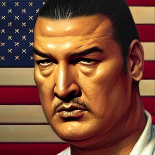 Prompt: sad steven seagal in jail cell, cell bars, cell bars, cell bars, cell bars, cell bars, cell bars, intricate, highly detailed, digital painting, artstation, concept art, smooth, sharp focus, illustration, art by greg rutkowski, patriotic!!!!, american flag, american flag, american flag