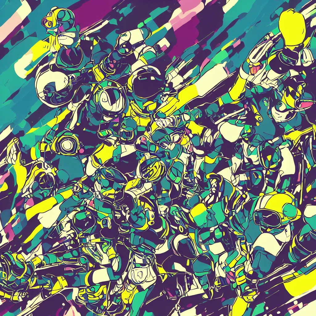 Image similar to people wearing helmets, ryuta ueda artwork, jet set radio artwork, stripes, gloom, space, cel - shaded art style, broken rainbow, data, minimal, speakers, code, cybernetic, dark, eerie, cyber