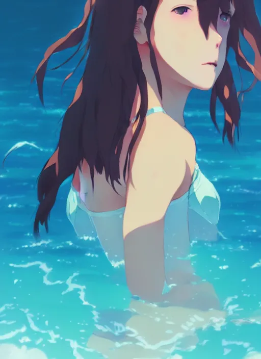 Image similar to girl swim towards. illustration concept art anime key visual trending pixiv fanbox by wlop and greg rutkowski and makoto shinkai and studio ghibli
