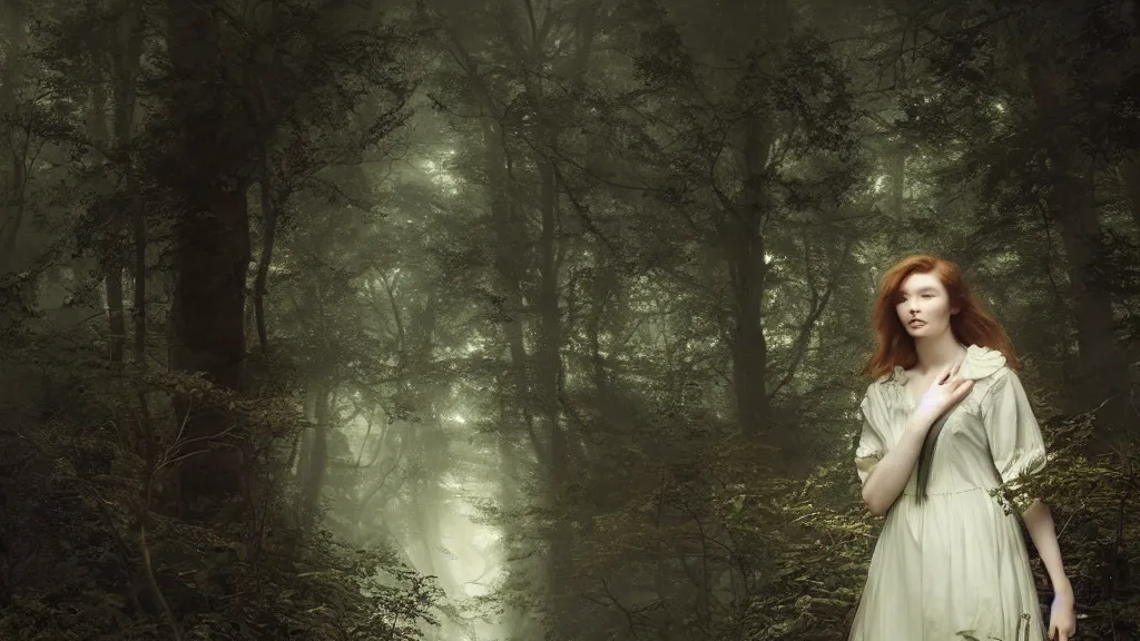 Prompt: eleanor tomlinson up close in the dark forest. andreas achenbach, artgerm, mikko lagerstedt, zack snyder, tokujin yoshioka