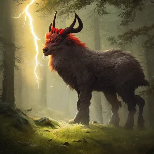 Prompt: creature fluffy animal with horns and short legs and arms and red eyes, (((hoof))), forest scene, highly detailed, cinematic lightning, epic fantasy style art, hearthstone style artwork by Greg Rutkowski