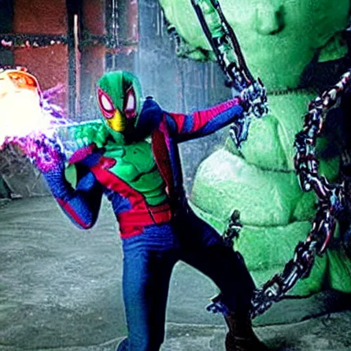 Prompt: Bruce Campbell as mysterio fighting spiderman with a chainsaw hand