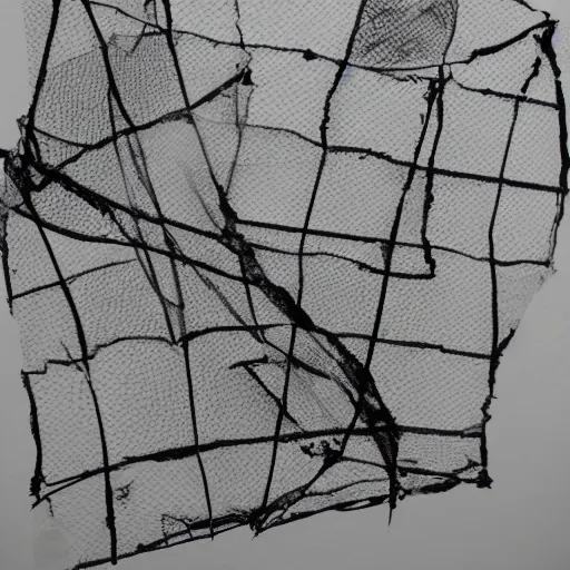 Prompt: ripped and torn mesh, drawn with a black liner on white paper