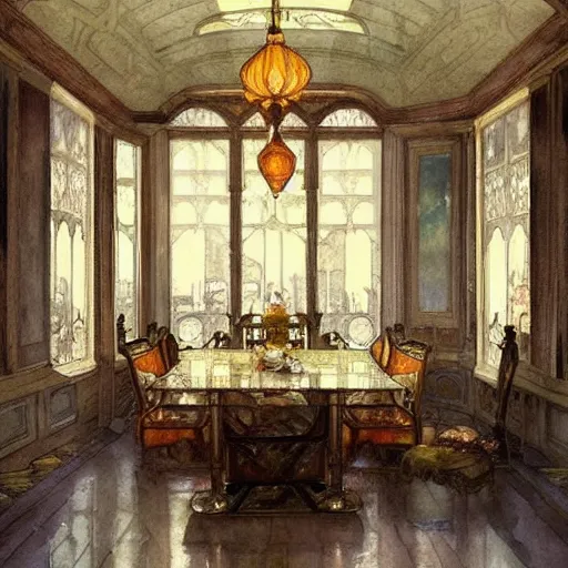 Image similar to a beautifull intricate watercolour painting of a dining room, reflexions, verry high details by william turner art, greg rutkowski and alphonse mucha, trending on artstation, very very detailed, masterpiece, muted colors