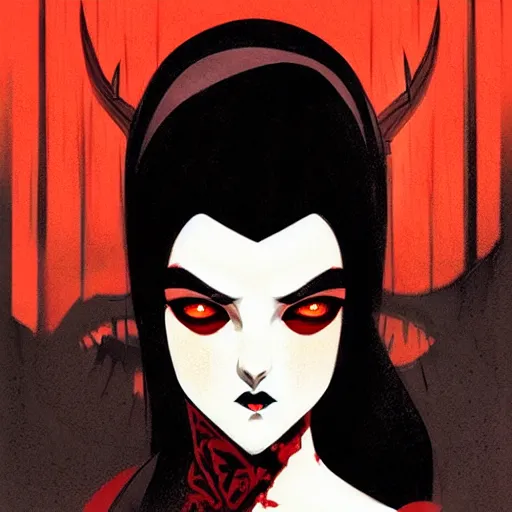 Image similar to beautiful vampire queen with fangs, symmetrical face, evil, portrait, cinematic, dramatic, powerful, super detailed and intricate, by koson ohara, by darwyn cooke, by greg rutkowski, by satoshi kon