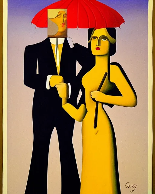 Prompt: a painting of a man and a woman holding an umbrella, an art deco painting by Grant Wood, featured on behance, american scene painting, movie poster, poster art, concert poster