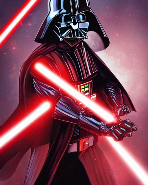 Prompt: darth vader wearing an iron man themed suit and firing his repulsors at rebels, low camera angle, dramatic lighting, yusuke murata anime, colored, highly detailed