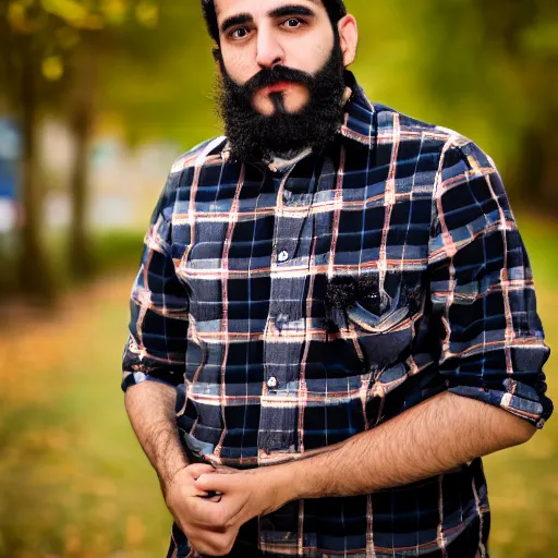 Image similar to Young Sicilian man with curly hair, moustache and a short beard wearing a flannel. Sigma 85mm f_1.4, 4k, portrait photography