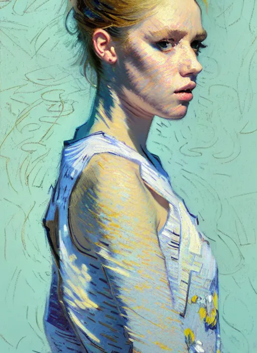 Prompt: portrait of a beautiful girl, new york backdrop, very sad, pastel shades of light blue and light yellow, beautiful face, rule of thirds, intricate outfit, spotlight, by greg rutkowski, by jeremy mann, by francoise nielly, by van gogh, digital painting