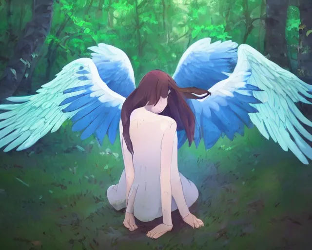 Prompt: a girl with two wings on her back in a forest. She has TWO wings on her back!!! Angel! Two blue wings!!By Makoto Shinkai, trending on ArtStation, digital art.