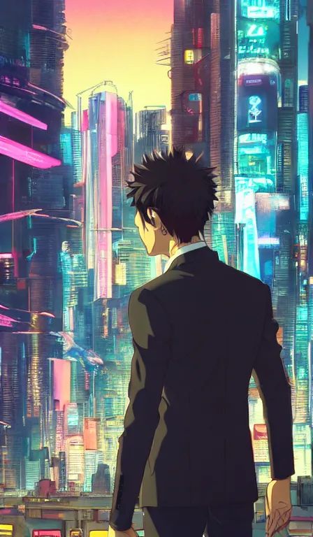 Image similar to anime fine details portrait of Tony Stark in front of cyberpunk moder city landscape on the background deep bokeh, close-up view, anime masterpiece by Studio Ghibli. 8k, sharp high quality anime, artstation