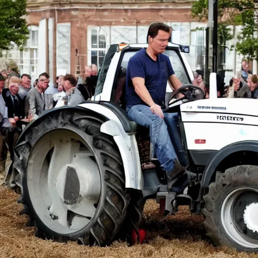 Prompt: mark rutte driving a tractor dressed as a farmer, protesting at the Hague