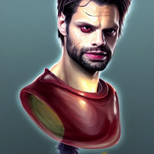 Image similar to flan pudding face sebastian stan as a sentient flan pudding, sebastian stan flan face face spliced with ( ( wibbly wobbly flan pudding facd ) ) ) hybrid humanoid by greg rutkowski