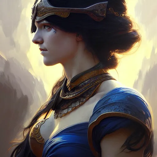 Image similar to Portrait of female warrior, D&D, blue eyes, face, long black hair, fantasy, intricate, elegant, highly detailed, digital painting, artstation, concept art, smooth, sharp focus, illustration, art by artgerm and greg rutkowski and alphonse mucha