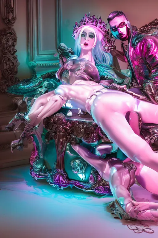 Image similar to full-body rococo and cyberpunk style neon statue of a muscular attractive Colby O'Donis macho dotado e rico android sim roupa reclining con las piernas abertas e la piroca dura, glowing white laser eyes, prince crown of pink gears, diamonds, swirling silver-colored silk fabric. futuristic elements. full-length view. space robots. human skulls. intricate artwork by caravaggio. Trending on artstation, octane render, cinematic lighting from the right, hyper realism, octane render, 8k, depth of field, 3D