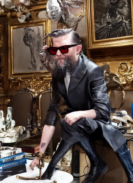 Image similar to Gavin McInnes sculpted by James Jean, gold elegant details, sigma male, behind him is an artwork of New York city, cinematic, award winning