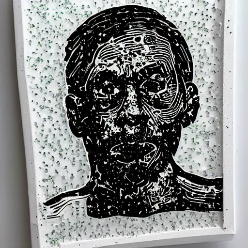 Prompt: an anguished older man's face made up of thousands of tiny shards of shattered glass, linocut