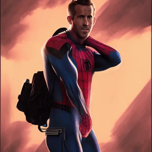 Image similar to ryan reynolds as a black and blue suit spider - man, cinematic, volumetric lighting, f 8 aperture, cinematic eastman 5 3 8 4 film, photorealistic by greg rutkowski, by stanley artgerm, by alphonse mucha