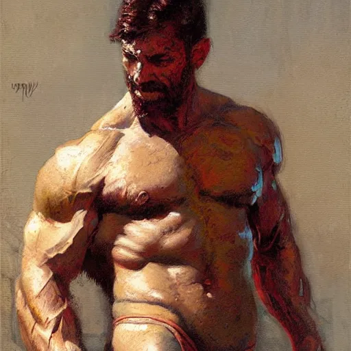 Prompt: a man with a hairy shredded body type, painting by Gaston Bussiere, Craig Mullins
