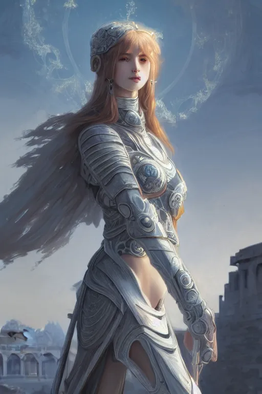 Prompt: portrait young knights of Zodiac girl, matt white color armor, in ruined Agora of Athens Sunrise, ssci-fi and fantasy, intricate and very beautiful and elegant, highly detailed, digital painting, artstation, concept art, smooth and sharp focus, illustration, art by tian zi and WLOP and alphonse mucha