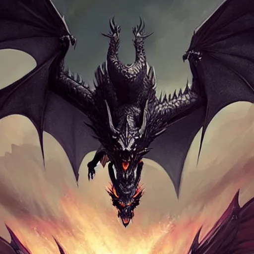 Image similar to flying black dragon, d & d, fantasy, greg rutkowski,